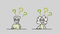 puzzled pensive young teens boy and girl with green question marks overhead vector sketch illustration