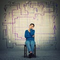 Puzzled and thoughtful young woman having a lot of questions like a mess arrows coming out of head. Anxiety stress and headache Royalty Free Stock Photo