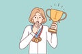 Puzzled woman with cup and medals of winner of sports olympiad covers mouth with hand. Vector image