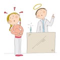 Puzzled young pregnant woman thinking about vaccination in pregnancy. Doctor standing behind depicted as a saint and arguing her