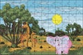 Puzzles. African landscape with giraffes and pink elephant for kids. Cartoon. 96 pcs