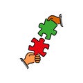 Puzzles connect in hands color vector icon, sign, symbol. Business matching concept. Connecting elements puzzle in hand