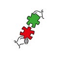 Puzzles connect in hands color vector icon, sign, symbol. Business matching concept. Connecting elements puzzle in hand