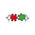 Puzzles connect in hands color vector icon, sign, symbol. Business matching concept. Connecting elements puzzle in hand