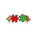 Puzzles connect in hands color vector icon, sign, symbol. Business matching concept. Connecting elements puzzle in hand