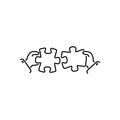 Puzzles connect in hands line, linear vector icon, sign, symbol. Business matching concept. Connecting elements puzzle in hand