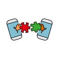 Puzzles connect in hands from smartphone color vector icon, sign, symbol. Business matching concept. Connecting elements puzzle