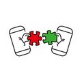 Puzzles connect in hands from smartphone color vector icon, sign, symbol. Business matching concept. Connecting elements puzzle