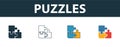 Puzzles icon set. Four elements in diferent styles from seo icons collection. Creative puzzles icons filled, outline, colored and Royalty Free Stock Photo