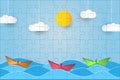 Puzzles template with rectangle grid and origami sailing boats. Jigsaw puzzle 9x6 size with 54 pieces with ocean illustration.