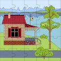 Puzzles Vector image of a summer cartoon landscape with a wooden house, tree, river, sky. A house under a tiled roof, with a porch Royalty Free Stock Photo
