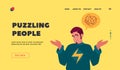 Puzzling People Landing Page Template. Man Solving Problem, Confused Male Character with Tangled Thoughts in Mind