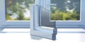 PVC aluminum profile frame double glazing cross section on a closed window sill. 3D illustration