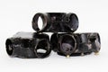 PVC Black round conduit pipe fittings. PVC Circular box 4 side isolated Royalty Free Stock Photo