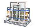 PVC windows are fixed to a pyramid structure and are ready to delivery, windows delivery, windows production concept.