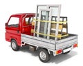 PVC windows in open tailgate of a truck are ready to delivery, windows production concept,