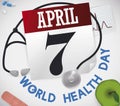 Calendar, Stethoscope, Cardiogram and Apple to Commemorative World Health Day Celebration, Vector Illustration