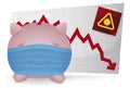 Worried, Sweating Piggy Bank over Chart due Coronavirus Economic Crisis, Vector Illustration