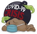 Wrecking Ball like COVID-19 Crisis Smashing Money Bag with Half-mask, Vector Illustration