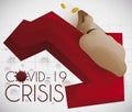 Red Down Arrow and Sliding Money Bag due COVID-19 Crisis, Vector Illustration