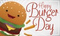 Happy Hamburger with some French Fries Celebrating Burger Day, Vector Illustration