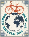 Bike over Globe, Chains and Greeting for World Bicycle Day, Vector Illustration Royalty Free Stock Photo