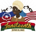 Happy African-American Woman over Flags Celebrating Slavery Abolishment during Juneteenth, Vector Illustration