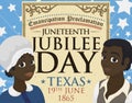 Dark-Skinned Couple Celebrating Juneteenth or Jubilee Day and Scroll, Vector Illustration