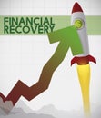 Rocket with Money Symbol Pulling Up Economic Arrow for Financial Recovery, Vector Illustration