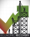 Arrow with People Working over Scaffolds for Economic Recovery, Vector Illustration