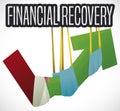 Half-Masks Holding Arrow Depicting Financial Recovery after Pandemic, Vector Illustration