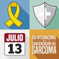 Yellow Ribbon, Shield, Calendar and Greeting for International Sarcoma Awareness Day, Vector Illustration