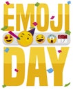 Golden Reminder, Label and Emoticons for Emoji Day Celebration, Vector Illustration