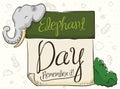 Calendar with Elephant, Bush and Doodles Promoting Elephant Day, Vector Illustration