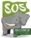 Elephant with Flag Asking for Help during World Elephant Day, Vector Illustration