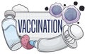 Vaccine Vial, Syringe, Cotton, Lymphocytes and Squared Sign Promoting Vaccination, Vector Illustration