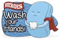 Cute Super Soap with Cloak, Promoting Hand Washing, Vector Illustration
