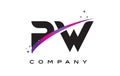 PW P W Black Letter Logo Design with Purple Magenta Swoosh