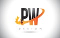 PW P W Letter Logo with Fire Flames Design and Orange Swoosh.