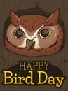 Happy Eastern Screech Owl inside a Tree Celebrating Bird Day, Vector Illustration