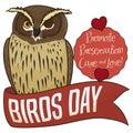 Blakiston`s Fish Owl Winking at you behind Ribbon for Birds Day, Vector Illustration Royalty Free Stock Photo