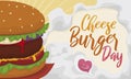 Steamy Burger with Heart and Greeting to Celebrate Cheeseburger Day, Vector Illustration