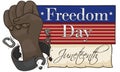 Fist Breaking Shackles, Scroll and American Sign Commemorating Freedom Day or Juneteenth, Vector Illustration Royalty Free Stock Photo