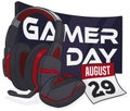 Calendar, Curved Monitor, Headphones and PC Mouse for Gamer Day, Vector Illustration