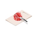 Cutting up the fresh beef with a chef`s knife. Isometric view.