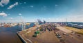 Aerial view of a container terminal in the port of hamburg by sunshine with many clouds Royalty Free Stock Photo