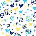 Seamless repeat pattern with butterfly Silhouettes in blue and yellow shades