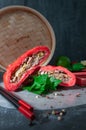 Pyansho steamed bun. Filled with beef, cabbage and onions. Cut in half lies on rice paper. Garnished with spices and parsley. In Royalty Free Stock Photo