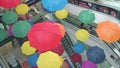 Pyatigorsk, Russia - August 30, 2019: Many bright colored umbrellas suspend in shopping center Gallery. Beautiful multi