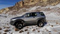 PYATIGORSK, RUSSIA - December 5, 2021: Off-road tour of the winter mountains in Isuzu Vehicross. Aerial view of flying